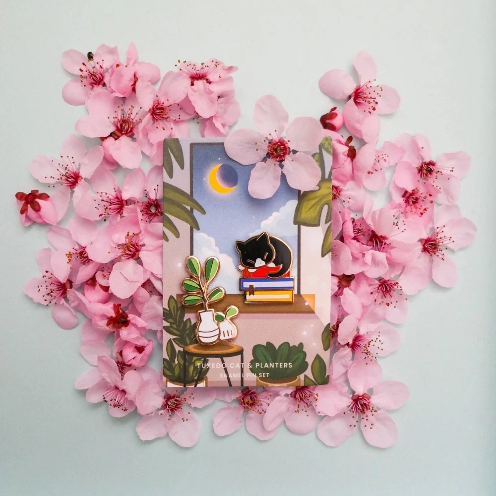 Tuxedo Cat and Planters‎ Enamel Pin Set - Set of Two Pins - Nature Jewelry